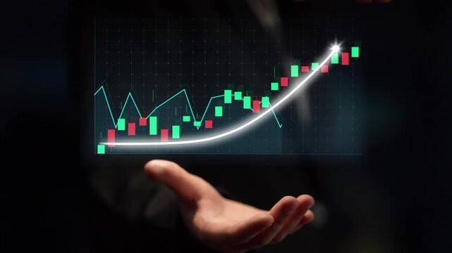 A hand displays a dynamic financial chart, showcasing an upward trend, representing business growth and investment success through effective data analysis. Copula