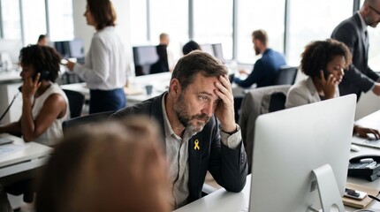 Obraz premium Stressed businessman with hand on forehead in busy modern office environment with colleagues working around him