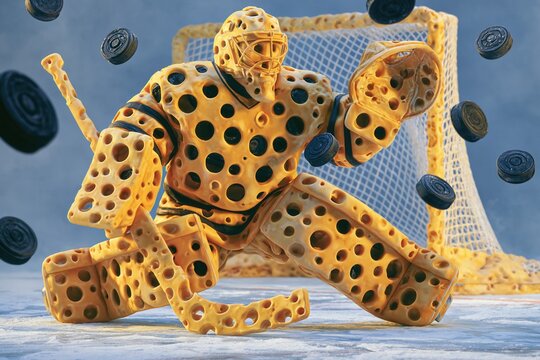 A hockey goalie made of cheese.