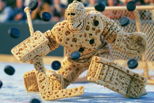 A hockey goalie made of cheese.