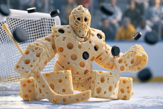 A hockey goalie made of cheese.