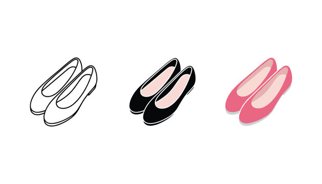Three variations of flat ballet slipper icons in outline solid black and pink filled designs for dance fashion footwear and elegant apparel concepts