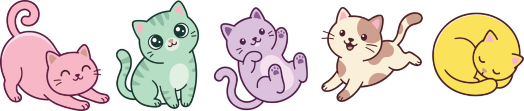 Cute Kawaii Colorful Pastel Cats Vector Icon Set Featuring Playful Kitten Characters for Nursery Patterns and Kids Graphic Sticker Designs