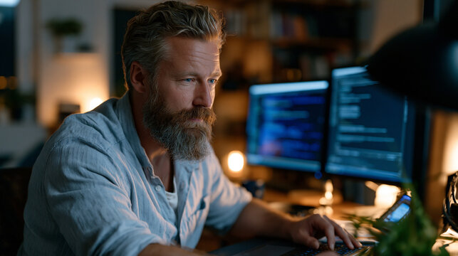 Solitary data security analyst in a modest home office working late reviewing post-quantum cryptography migration documentation across dual monitors, cybersecurity professional, encryption policy, I