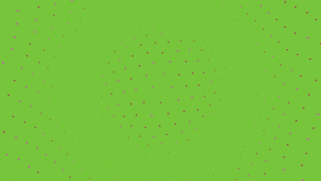 Vibrant green background with small red and purple dots scattered everywhere
