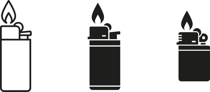 Set of Three Black Silhouette Lighters with Flames Icon Vector Illustration Isolated on White Background for Smoking and Fire Concept Design
