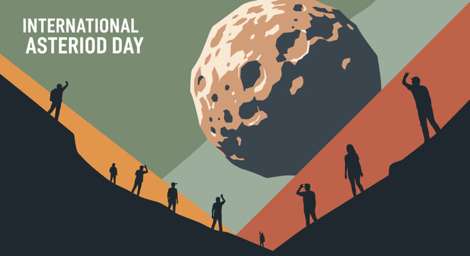 A group of silhouetted people observe a massive asteroid in a dramatic, stylized landscape, celebrating International Asteroid Day.