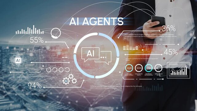 Business professional interacting with digital AI agents and data analytics in a modern cityscape with futuristic graphics and statistics displayed. Entropy.