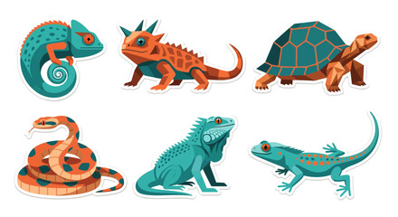 Naklejka premium A vibrant collection of diverse reptiles, including chameleons, iguanas, a snake, and a tortoise, depicted as charming cartoon stickers on a clean white background.