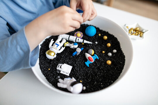 DIY space sensory bin for montessori learning