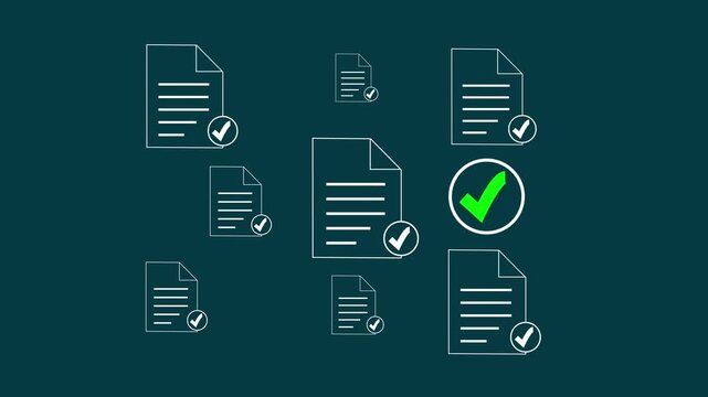 Business person using a laptop with document icons with checkmarks representing document management, quality control, and digital work flow. Motion graphics of document verify concept,4k quality video