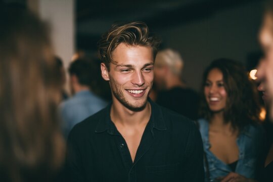 A handsome man chatting with beautiful women.