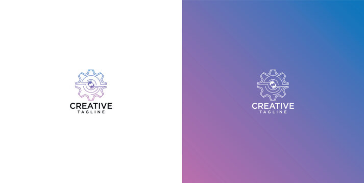 Modern minimalist gear logo design with a gradient blue and purple hue, representing innovation and creativity in business and technology sectors