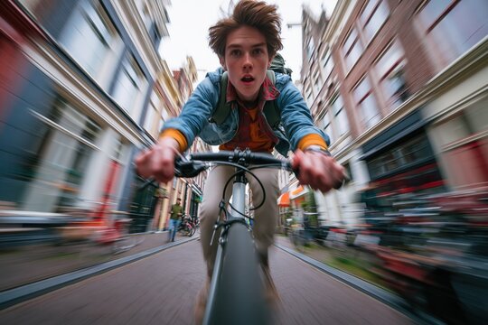 A teenager cycling fast on a street.