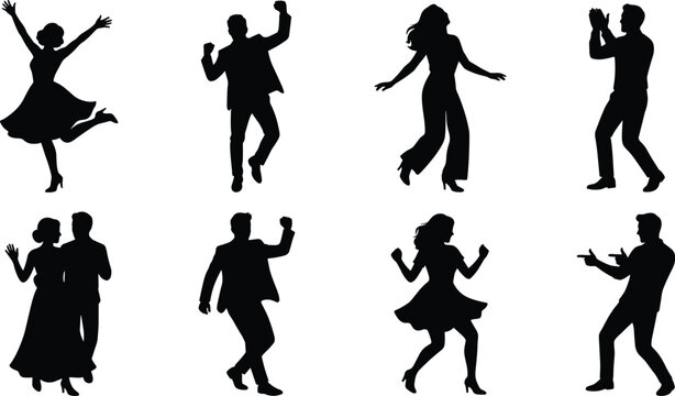 Energetic dance silhouettes of individuals and pairs in expressive rhythmic poses for creative design projects