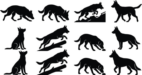 Obraz premium German Shepherd dog silhouettes in multiple poses including walking, sitting, sniffing, and jumping for design projects