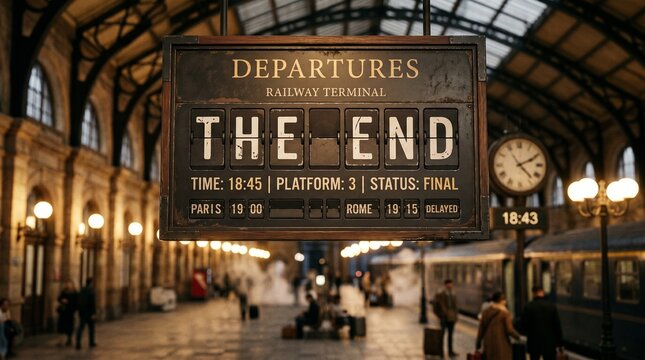 Vintage railway station with departure board displaying 'The End'