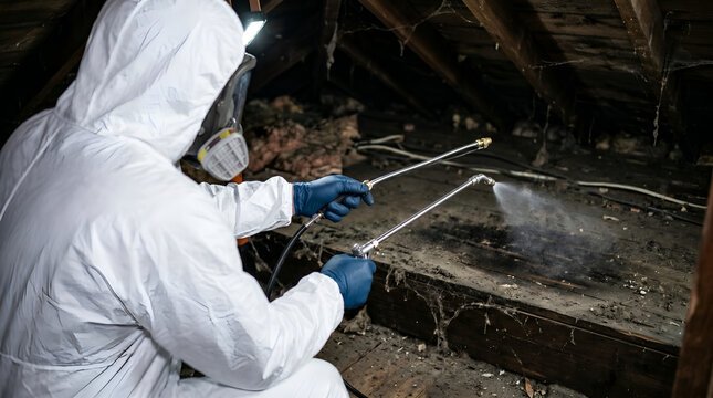 Professional pest control worker in protective hazmat suit spraying disinfectant or insecticide in a dusty dark attic