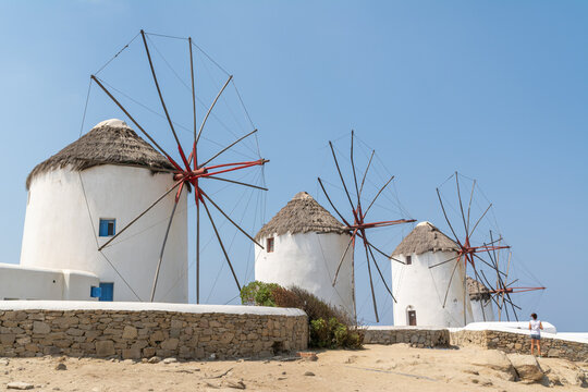 Traditional windmills and whitewashed architecture in Mykonos
