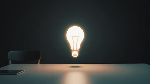 Glowing light bulb levitating above a dark desk in this creative office motion animation video clip