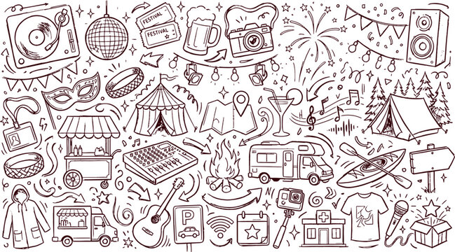 Leisure and entertainment event concept doodle collection with entertainment festival recreation celebration vacation lifestyle microphone fireworks activity monochrome celebrate
