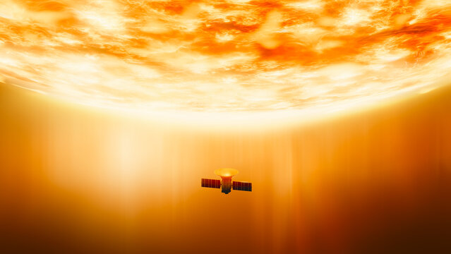 Satellite orbits near solar surface against bright sun background