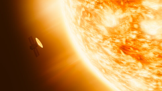 Satellite orbits near solar surface against bright sun background