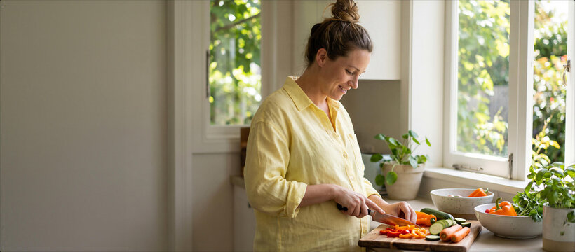 Pregnant woman preparing fresh vegetables in a sunny kitchen. Healthy prenatal nutrition, balanced diet and pregnancy self care with copy space.