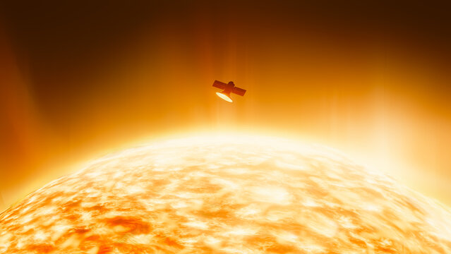 Satellite orbits near solar surface against bright sun background