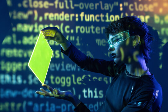 Cyberpunk young woman using virtual reality hologram panel