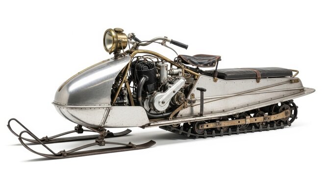 Vintage Snowmobile Antique Motorized Sled Chrome Front Ski and Track