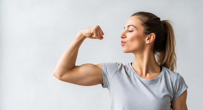 Confident young woman showing strong arm muscle perfect for female empowerment and successful fitness training results