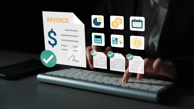 Person using keyboard with floating icons representing invoicing, finance management, and digital documentation in a modern office setting Gluon.