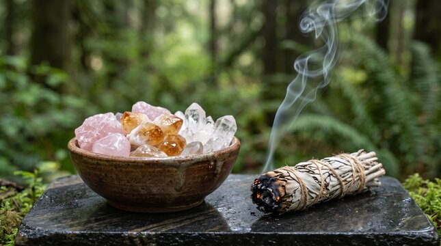 Bowl of healing crystals and burning sage bundle on stone surface in forest, spiritual practice.