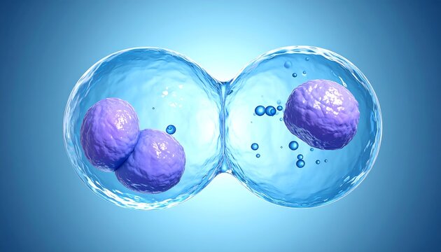 A detailed illustration of two cells, likely in the process of cell division, with translucent blue membranes and purple nuclei against a gradient blue background