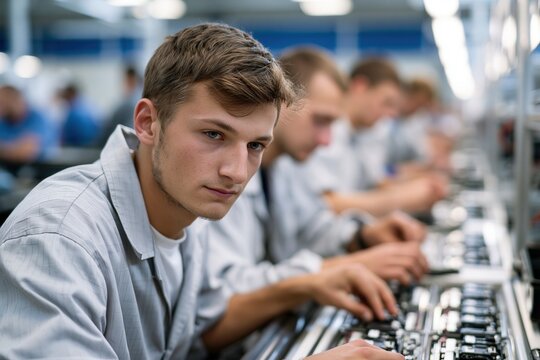 In a modern factory, technicians manufacture electrical surge protection devices.
