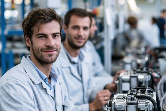 In a modern factory, technicians manufacture electrical surge protection devices.