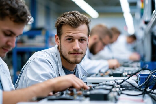 In a modern factory, technicians manufacture electrical surge protection devices.