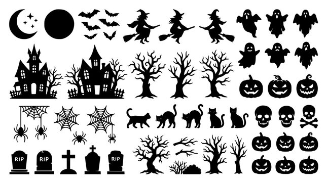 Spooky Halloween silhouette elements collection featuring haunted houses witches ghosts pumpkins bats and graveyard vector icons
