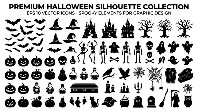 Premium Halloween silhouette collection featuring spooky icons pumpkins bats witches castles skeletons and holiday horror vectors