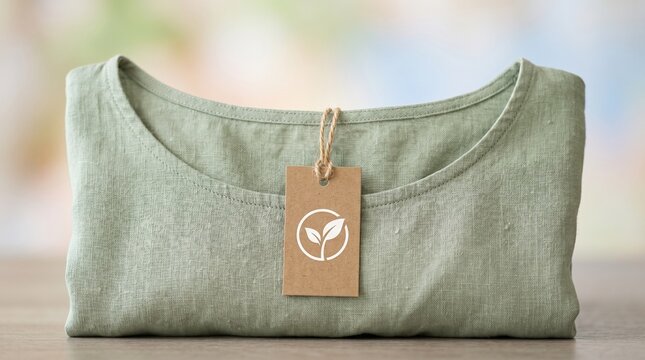Folded light green linen shirt with a recycled brown paper tag featuring a leaf symbol, sustainable clothing concept.