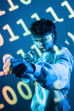 Young woman in virtual reality cyberpunk data interface