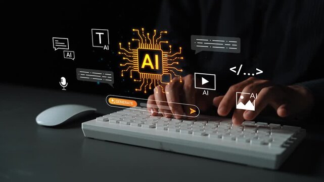 Hands Typing on Keyboard with AI Conceptualization, Technology Integration, Digital Innovation, Machine Learning Elements in Futuristic Setting Gluon.