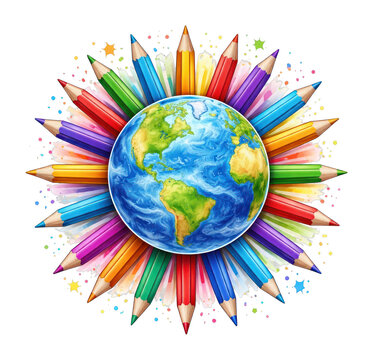PNG Colorful pencils encircle vibrant Earth.