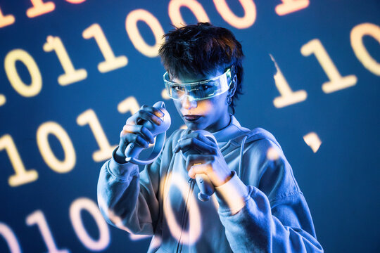 Cyberpunk woman in virtual reality with binary light