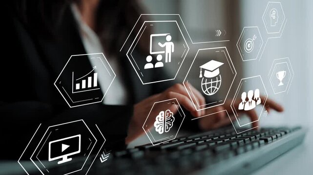 Business professional interacting with digital icons signifying education, technology, communication, and growth while typing on a laptop in a modern workspace Gluon.