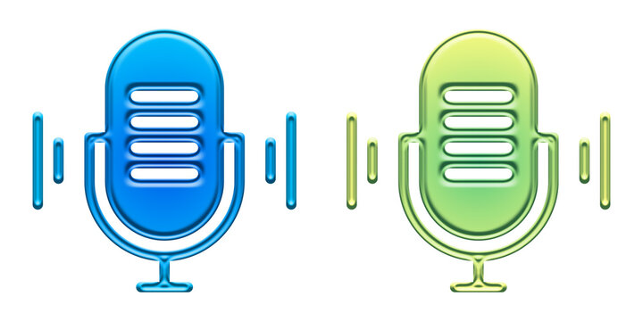 Blue and green microphone icons with sound waves isolated on transparent background