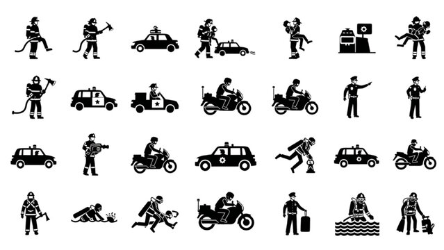 Emergency First Responders Silhouette Icons Vector, Firefighters Police Officers Rescue Divers Action Poses Solid Black Shapes Grid White Background