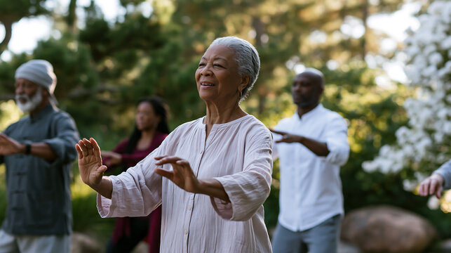 elderly people practicing tai chi exercise together in park representing wellness fitness meditation and healthy senior lifestyle concept