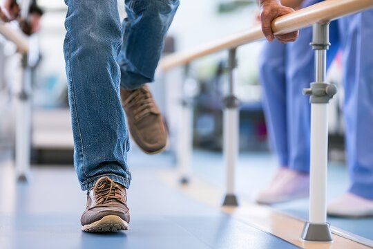 Senior Patient Walking with Therapist Assistance on Gait Training Parallel Bars
